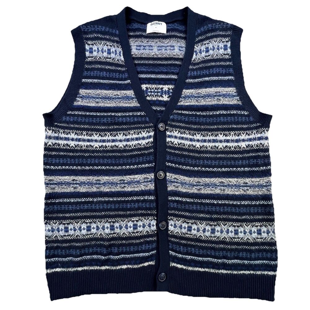 Old Navy Sweater Vest Mens Medium Navy Blue  Fair Isle Button Up Soft Casual
